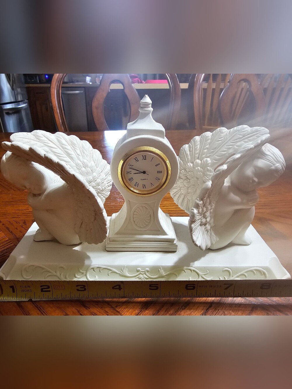 Source Unknown White Angel Wing Mantel Clock Sculpture with Gold Trim